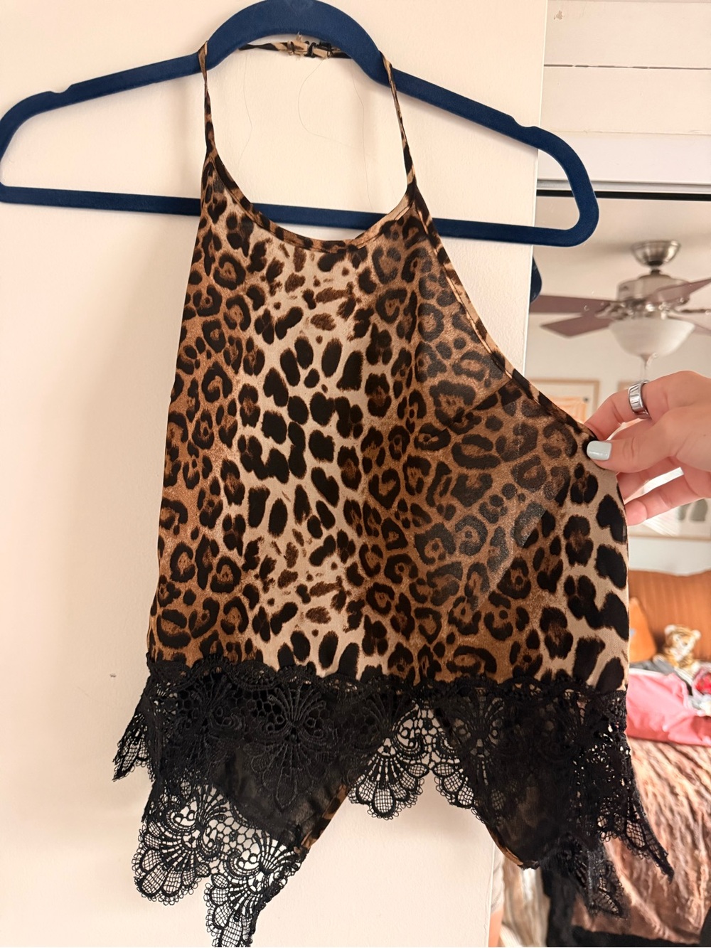 Cotton Candy Leopard Print Halter Cami with Black Lace Trim